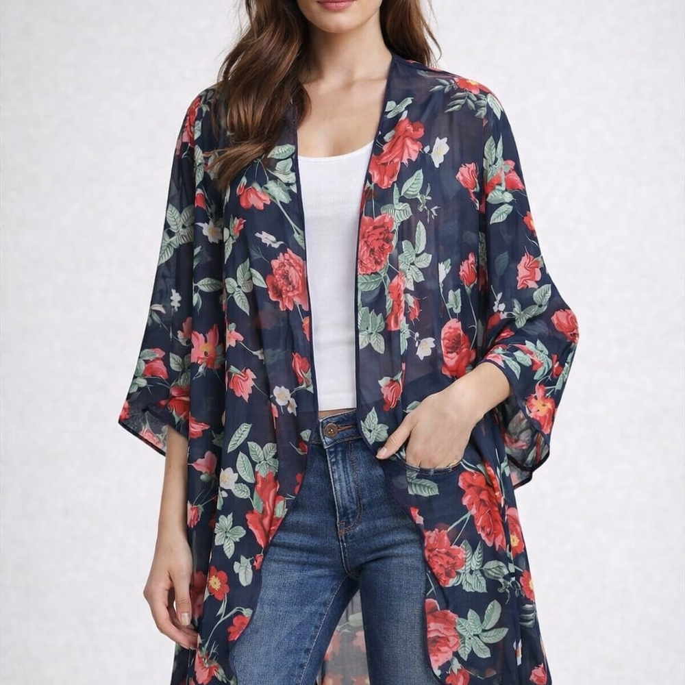 LuLaRoe Shirley Kimono Duster Floral Navy Red Sheer Open Front Size M NWT